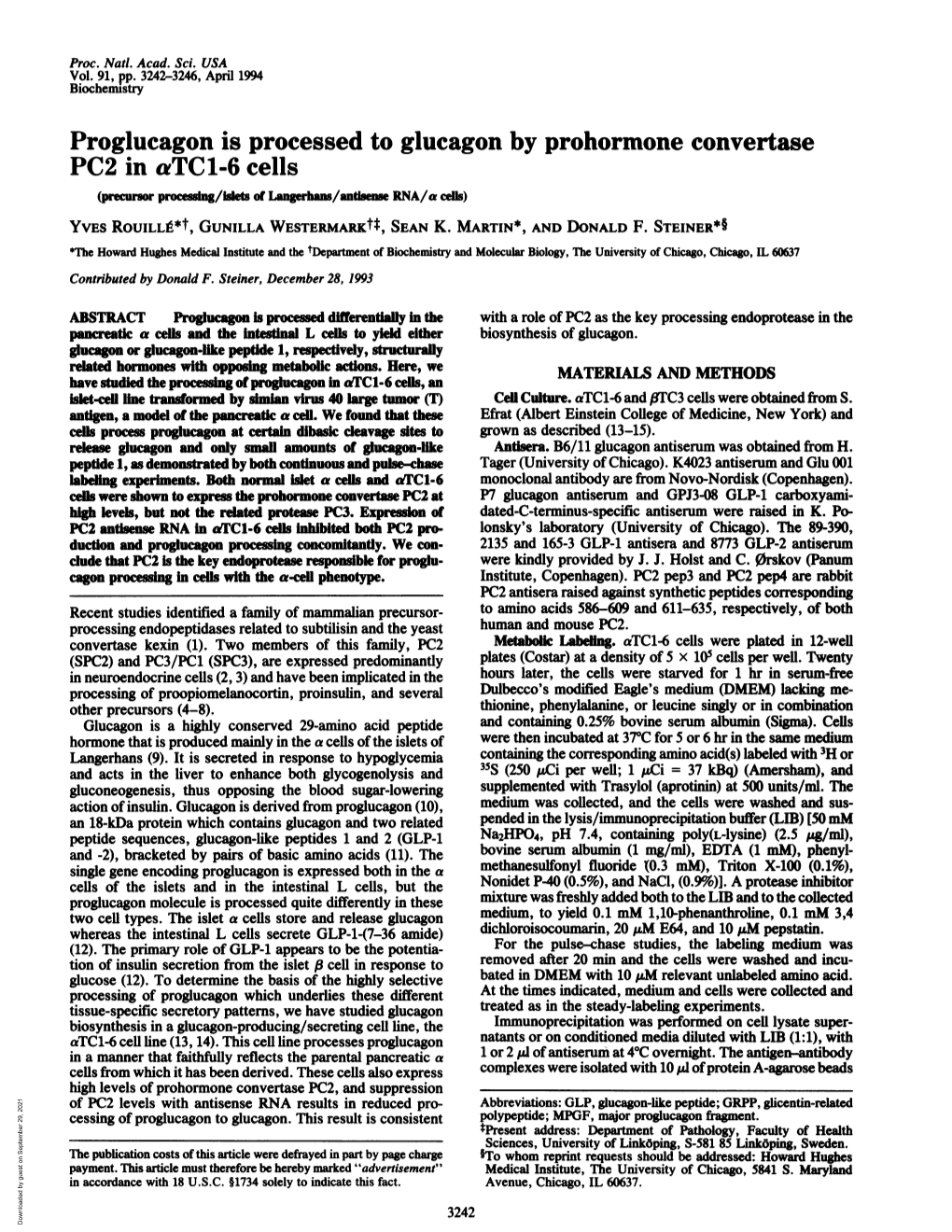 Proglucagon Is Processed to Glucagon by Prohormone Convertase PC2 In