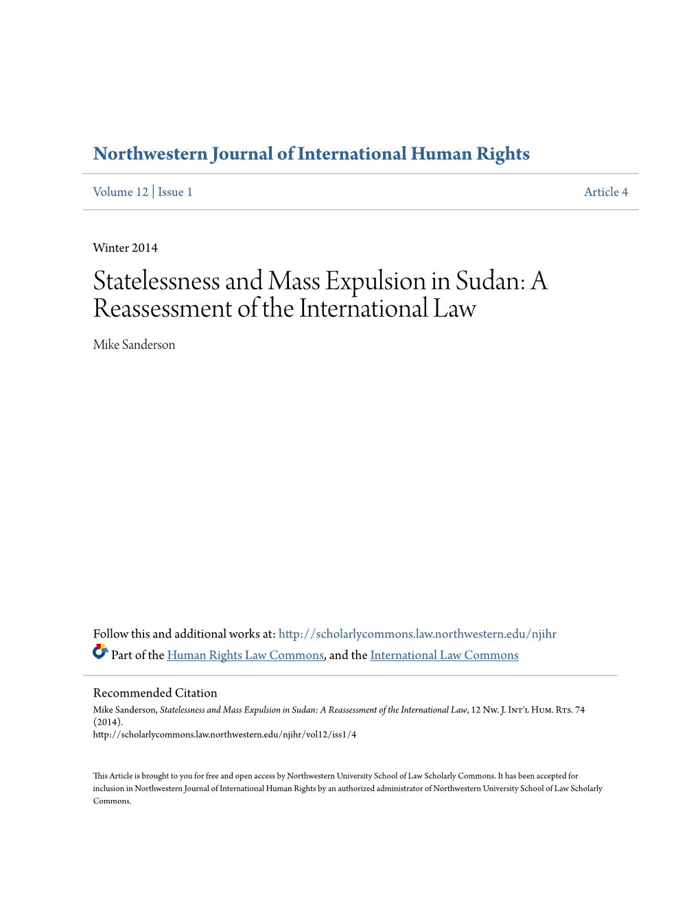 Statelessness and Mass Expulsion in Sudan: a Reassessment of the International Law Mike Sanderson