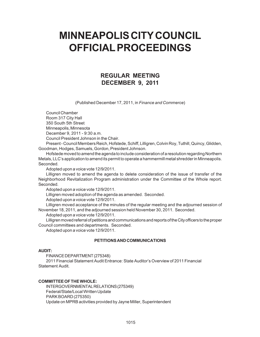 Minneapolis City Council Official Proceedings