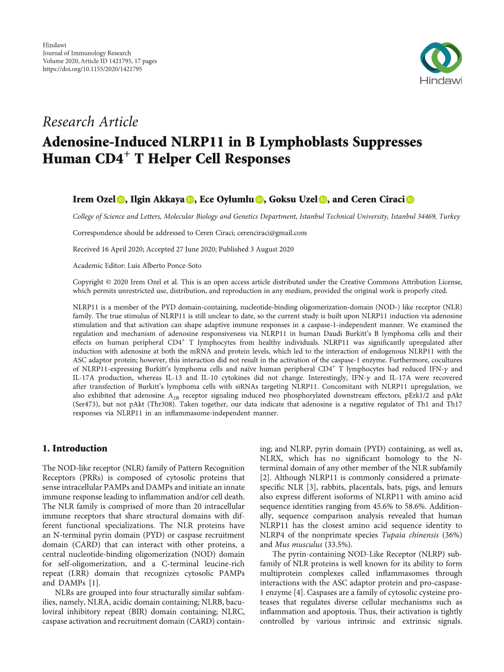 Adenosine-Induced NLRP11 in B Lymphoblasts Suppresses Human CD4+ T Helper Cell Responses