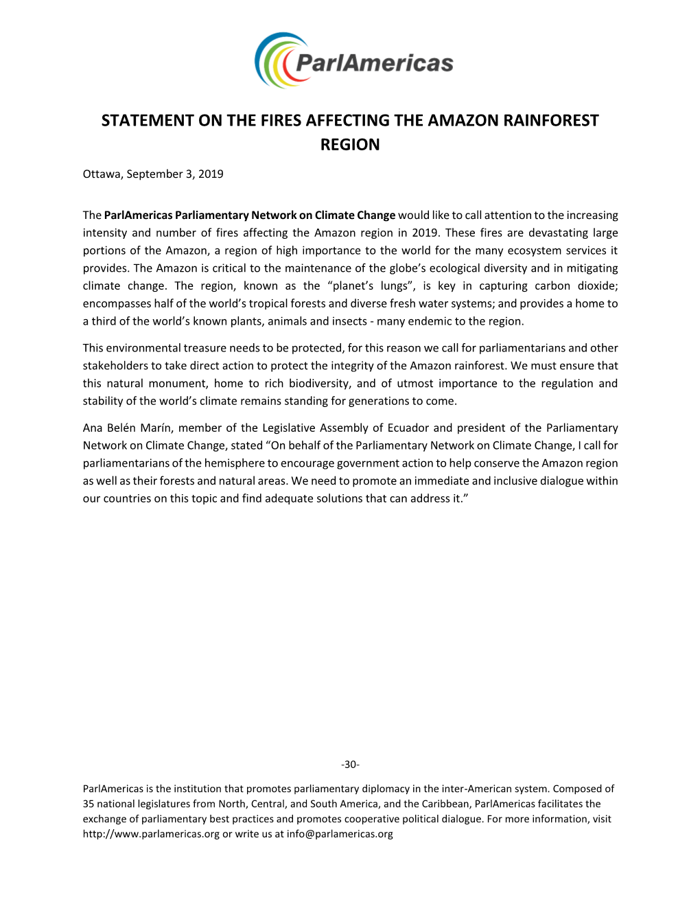 Statement on the Fires Affecting the Amazon Rainforest Region