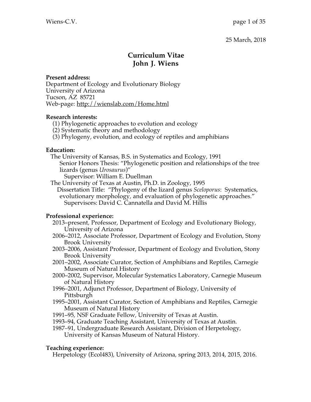 Curriculum Vitae John J. Wiens