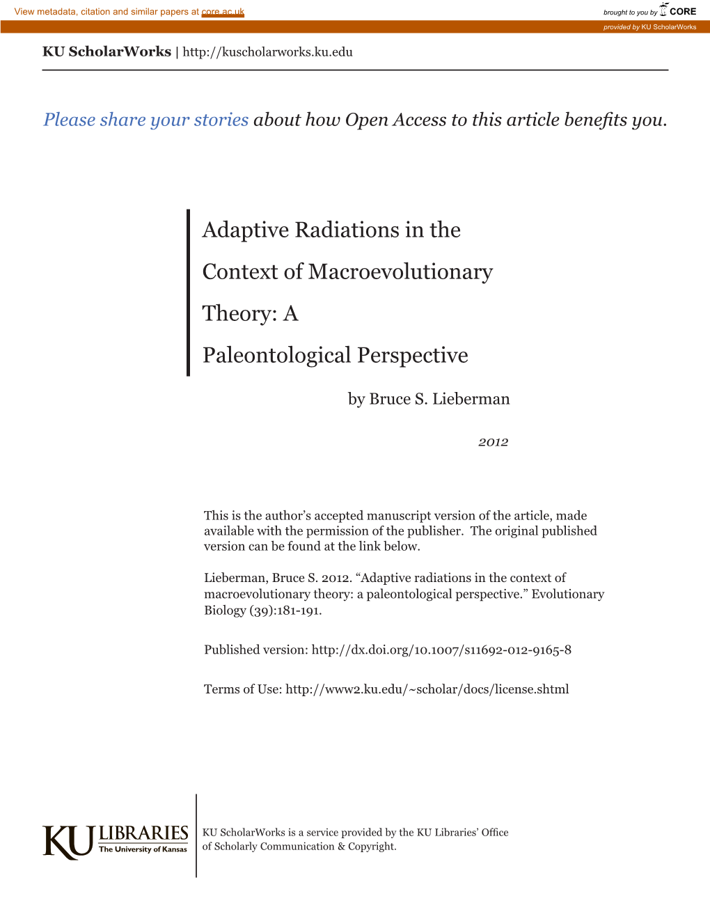 Adaptive Radiations in the Context of Macroevolutionary Theory: a Paleontological Perspective