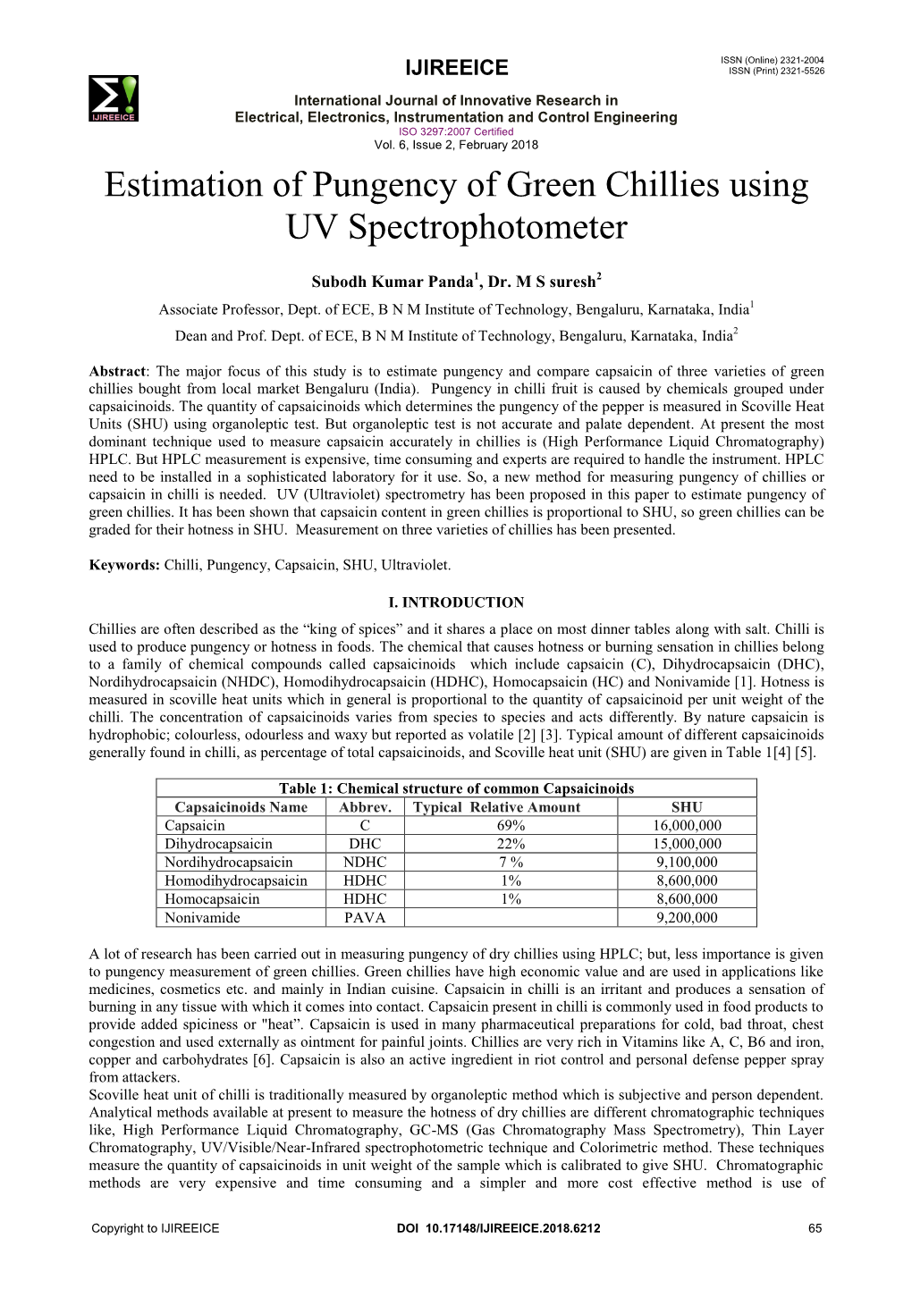 Estimation of Pungency of Green Chillies Using UV Spectrophotometer