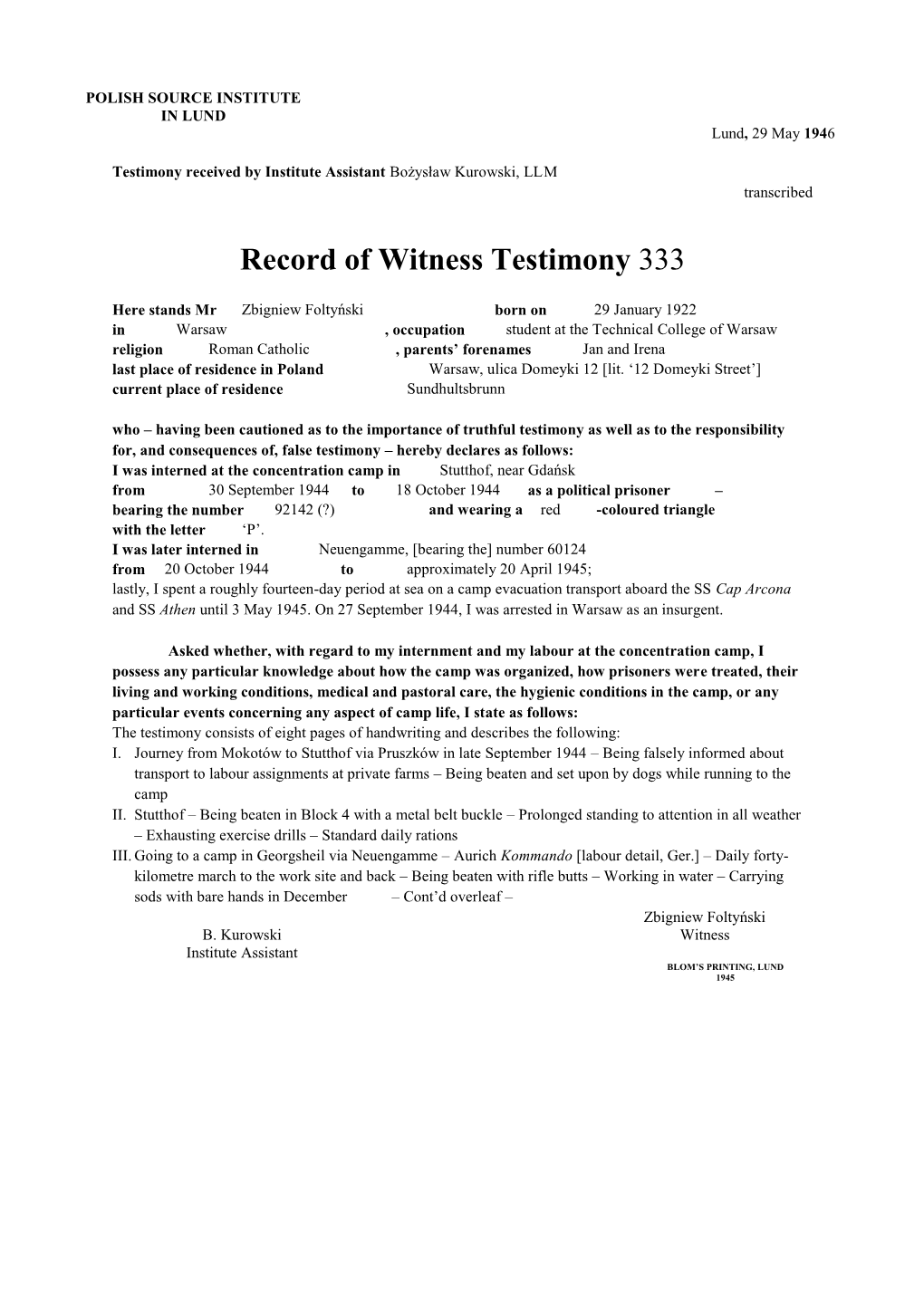 Record of Witness Testimony 333