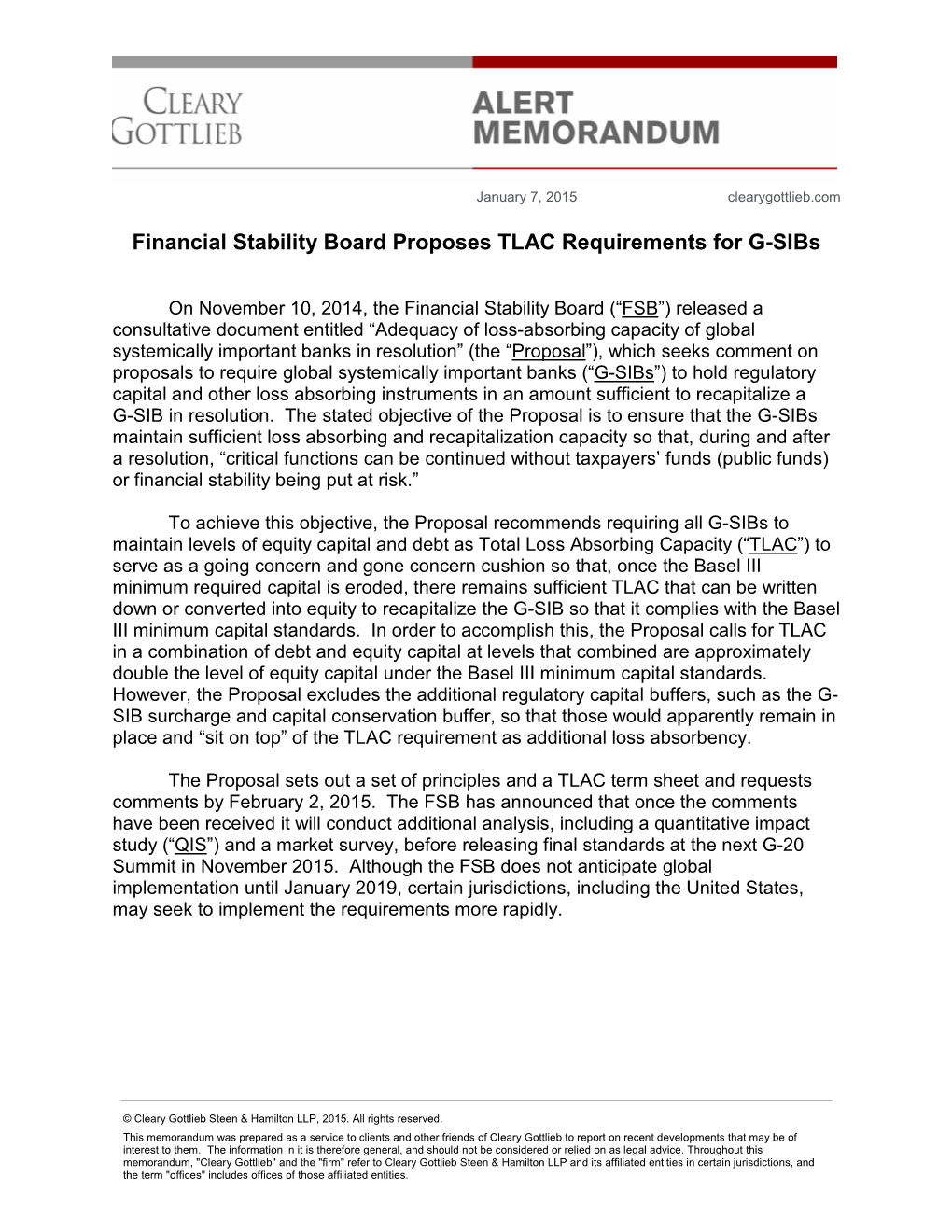 Financial Stability Board Proposes TLAC Requirements for G-Sibs