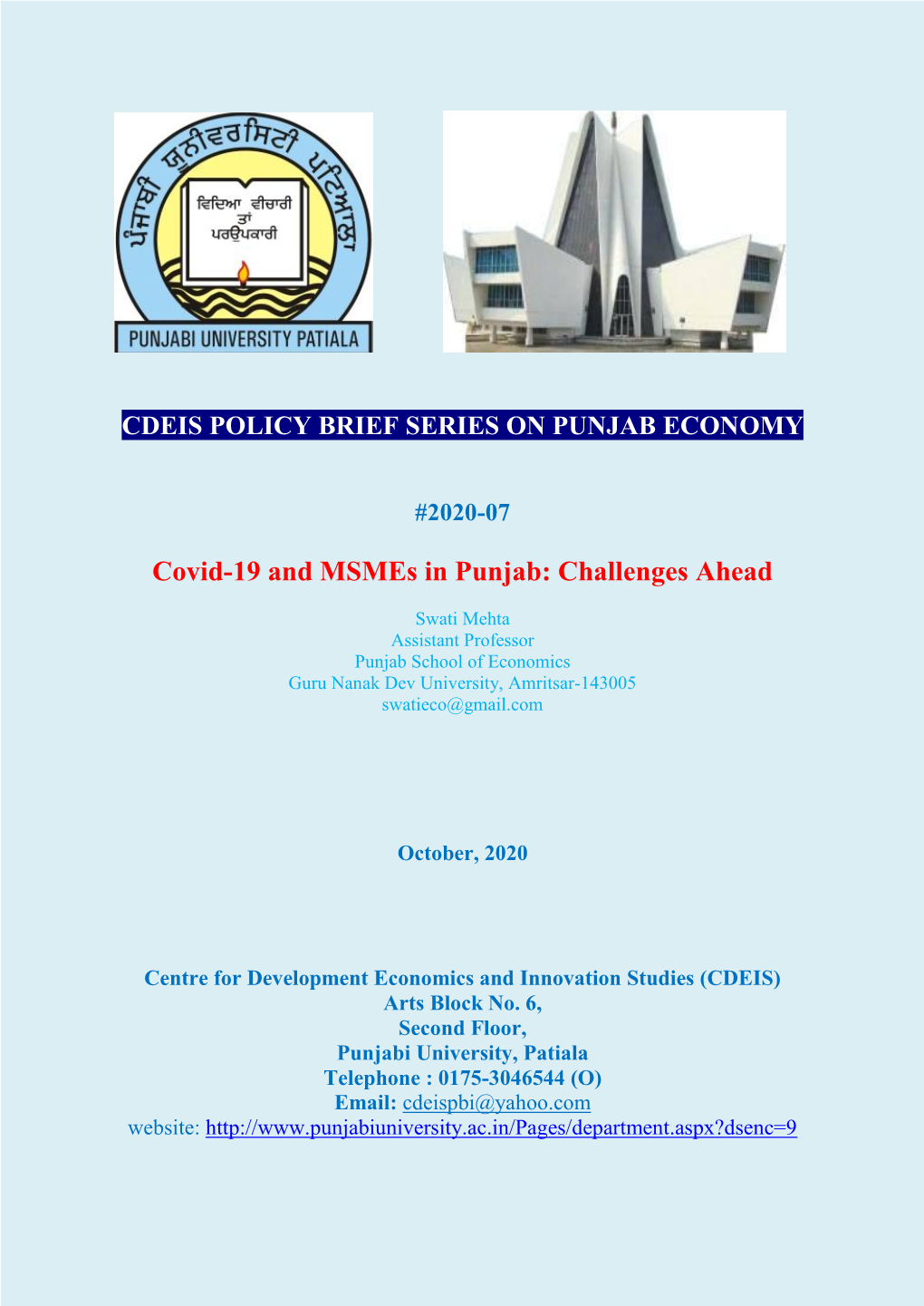 Covid-19 and Msmes in Punjab: Challenges Ahead