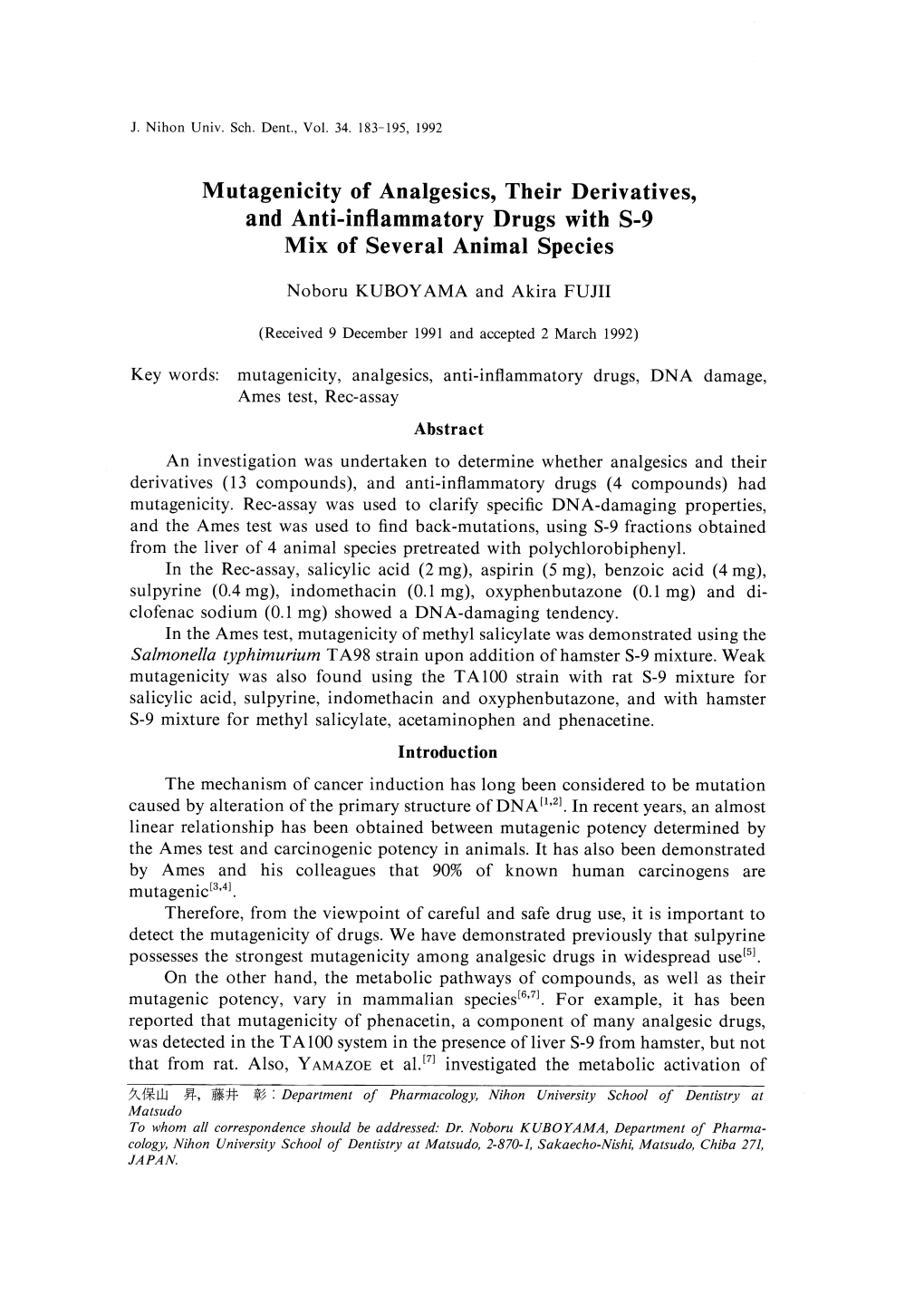 Mutagenicity of Analgesics, Their Derivatives, and Anti-Inflammatory Drugs with S-9 Mix of Several Animal Species