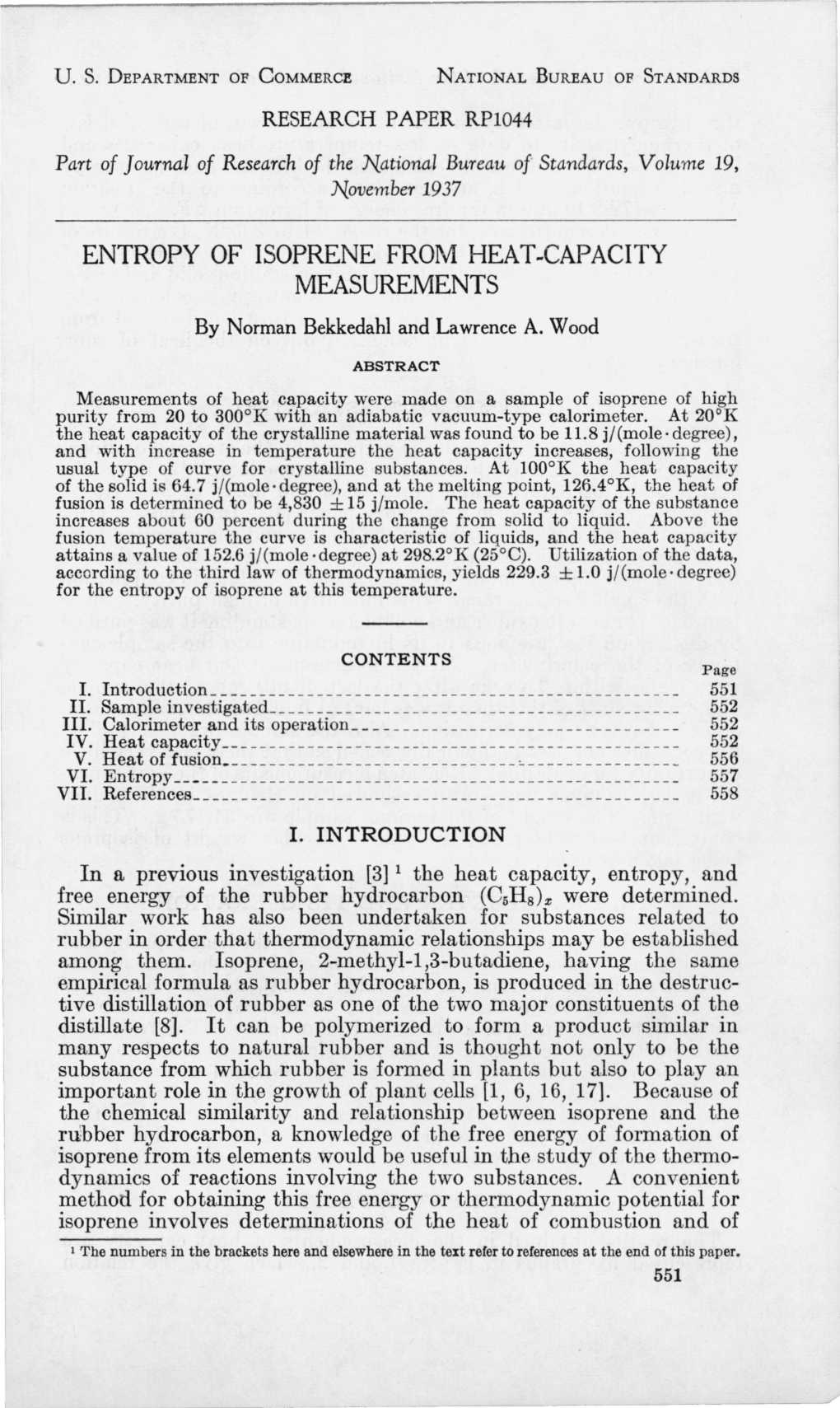 Entropy of Isoprene from Heat-Capacity Measurements