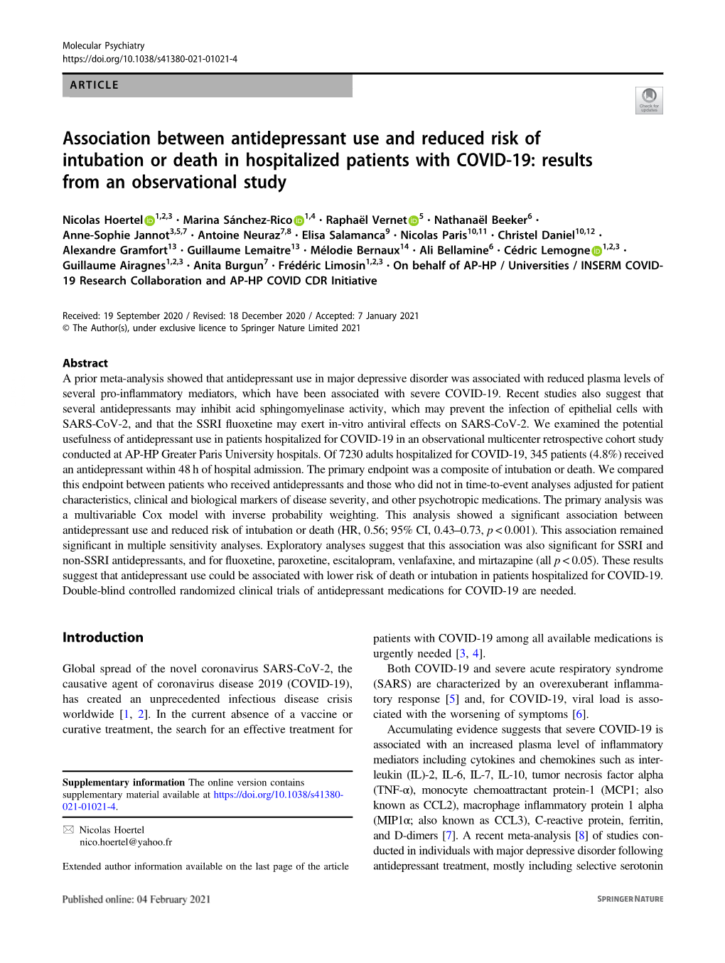 Association Between Antidepressant Use and Reduced Risk of Intubation Or Death in Hospitalized Patients with COVID-19: Results from an Observational Study