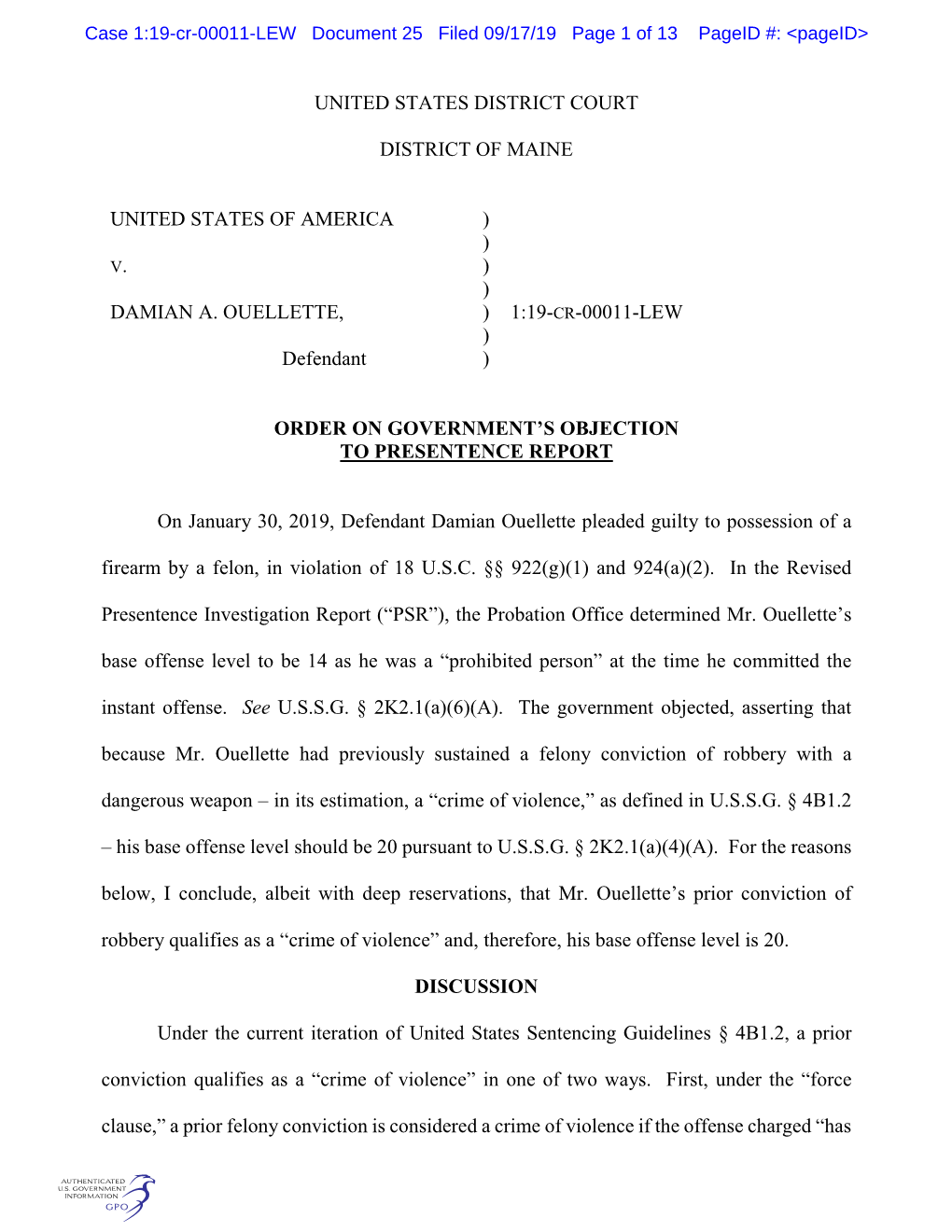 Case 1:19-Cr-00011-LEW Document 25 Filed 09/17/19 Page 1 of 13