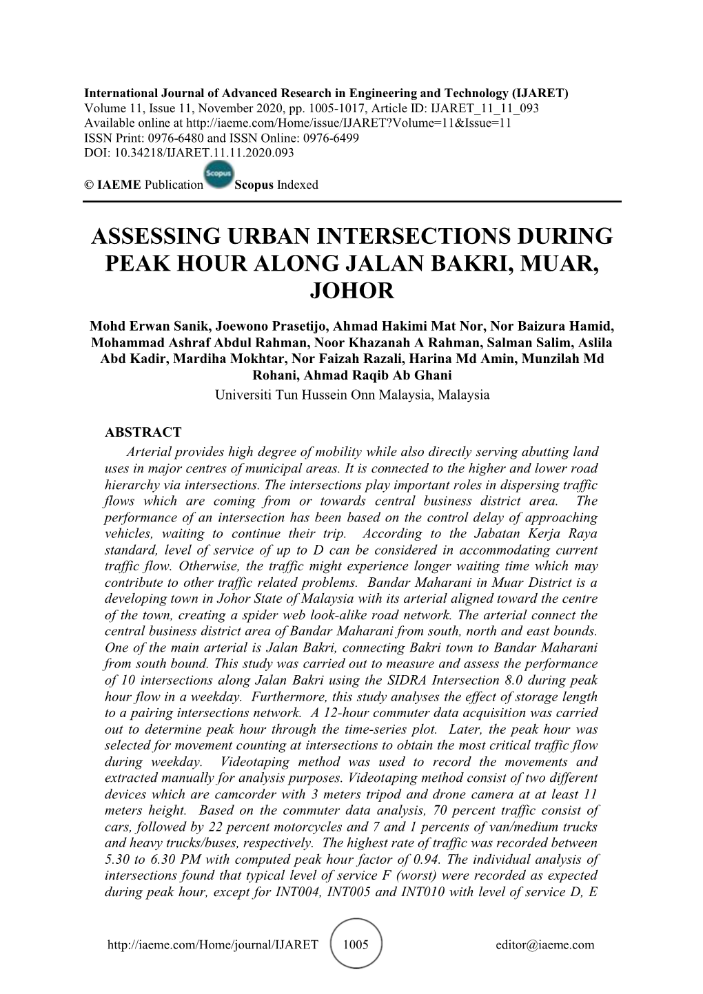 Assessing Urban Intersections During Peak Hour Along Jalan Bakri, Muar, Johor