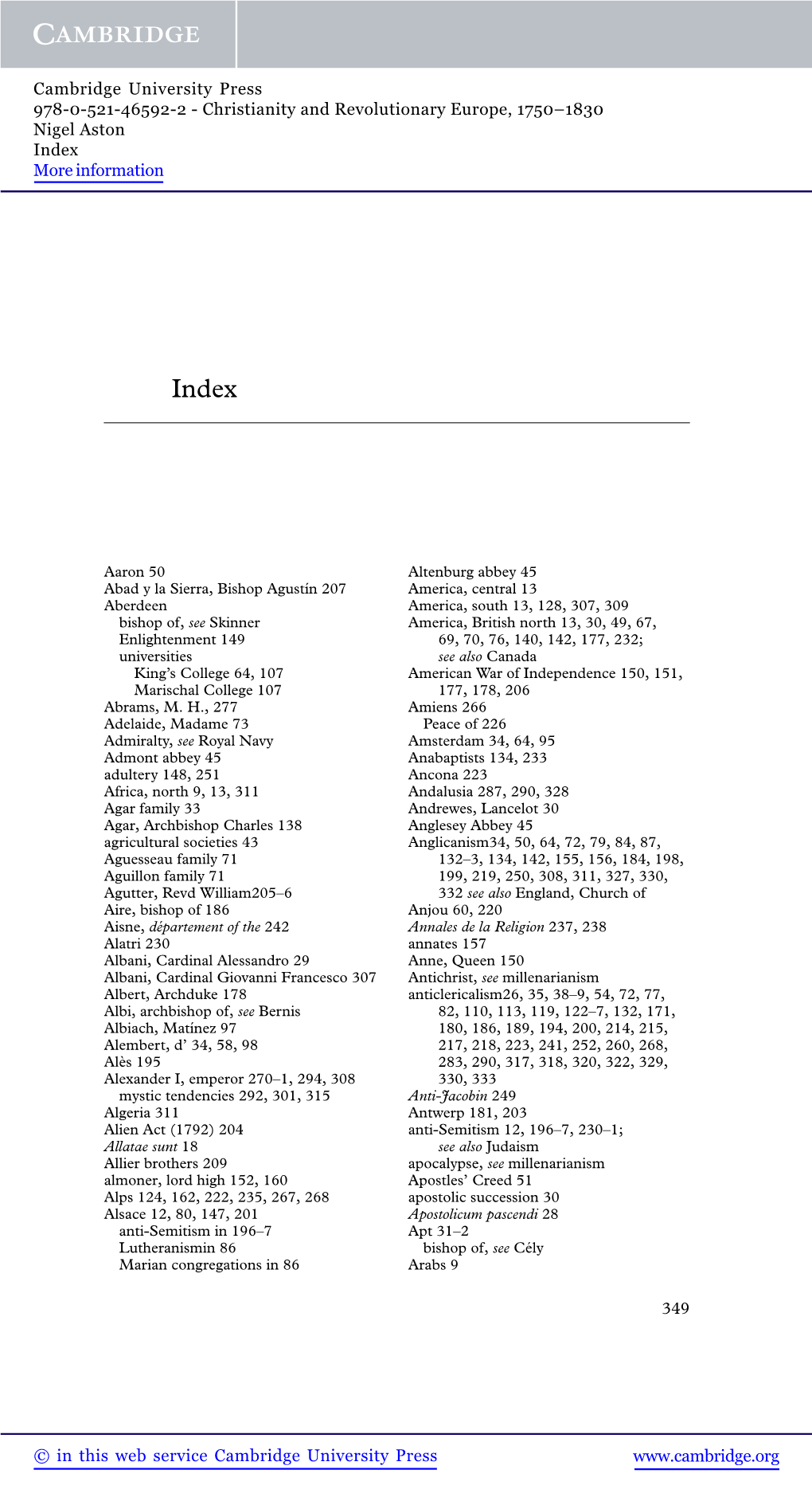 Christianity and Revolutionary Europe, 1750–1830 Nigel Aston Index More Information