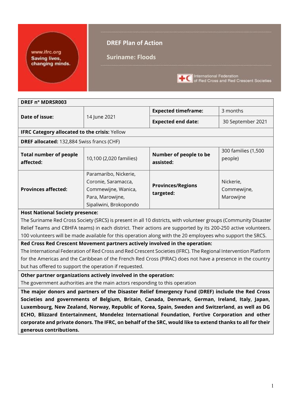 DREF Plan of Action Suriname: Floods