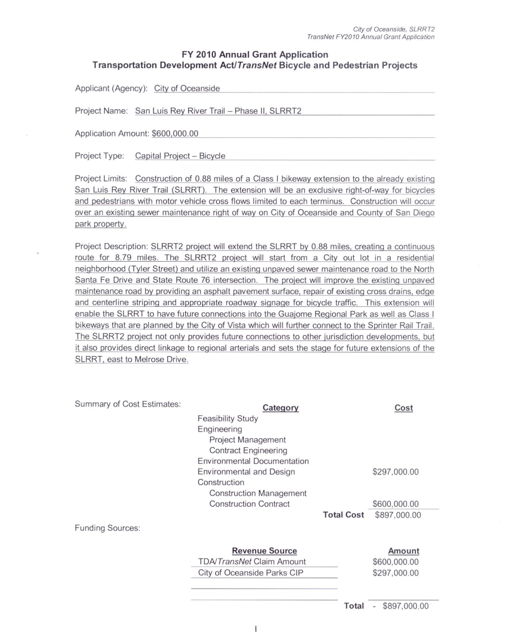 City of Oceanside, SLRRT2 Transnet FY2010 Annual Grant Application