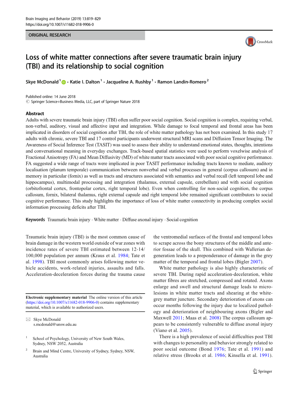 Loss of White Matter Connections After Severe Traumatic Brain Injury (TBI) and Its Relationship to Social Cognition