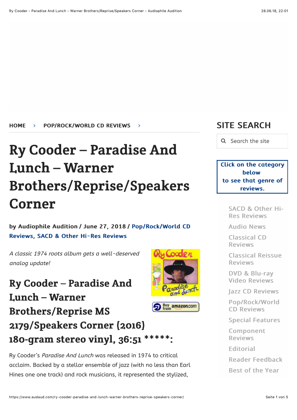 Ry Cooder – Paradise and Lunch – Warner Brothers/Reprise/Speakers Corner