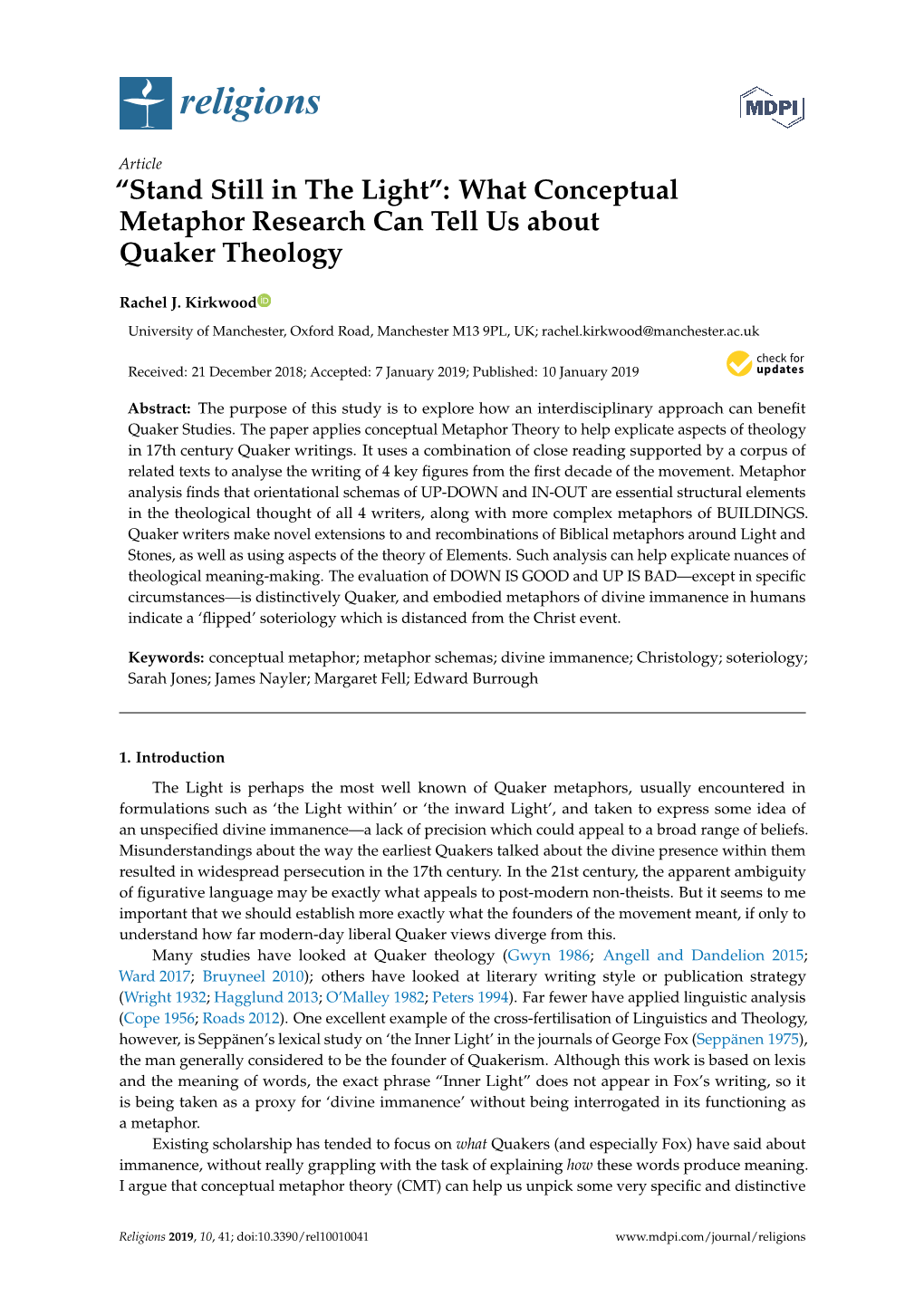 “Stand Still in the Light”: What Conceptual Metaphor Research Can Tell Us About Quaker Theology