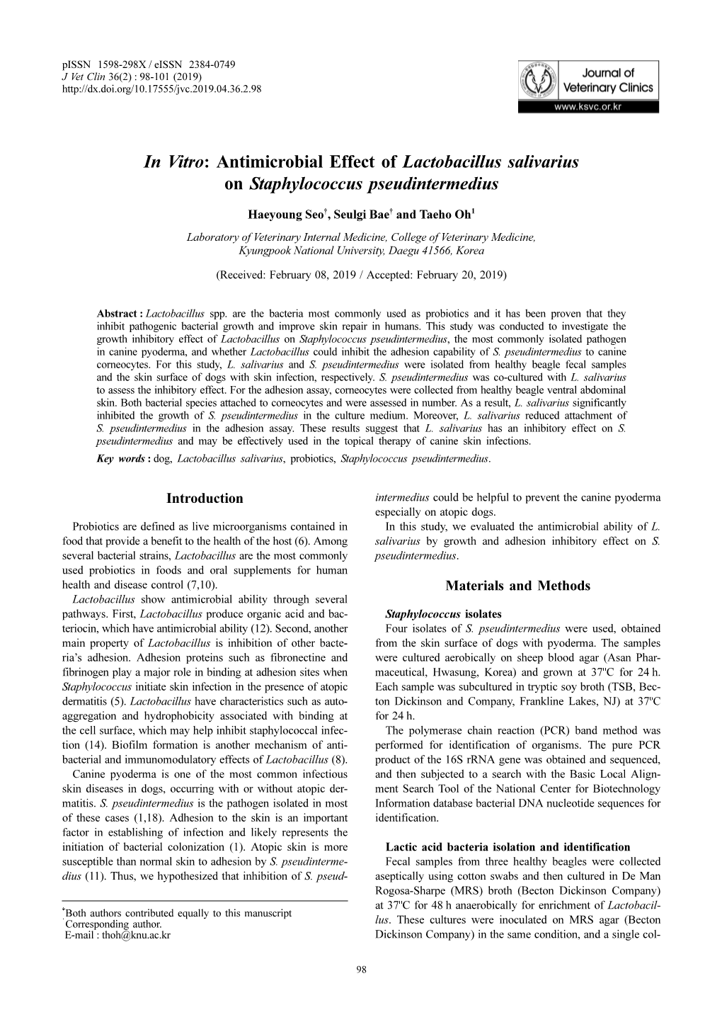 Antimicrobial Effect of Lactobacillus Salivarius on Staphylococcus Pseudintermedius