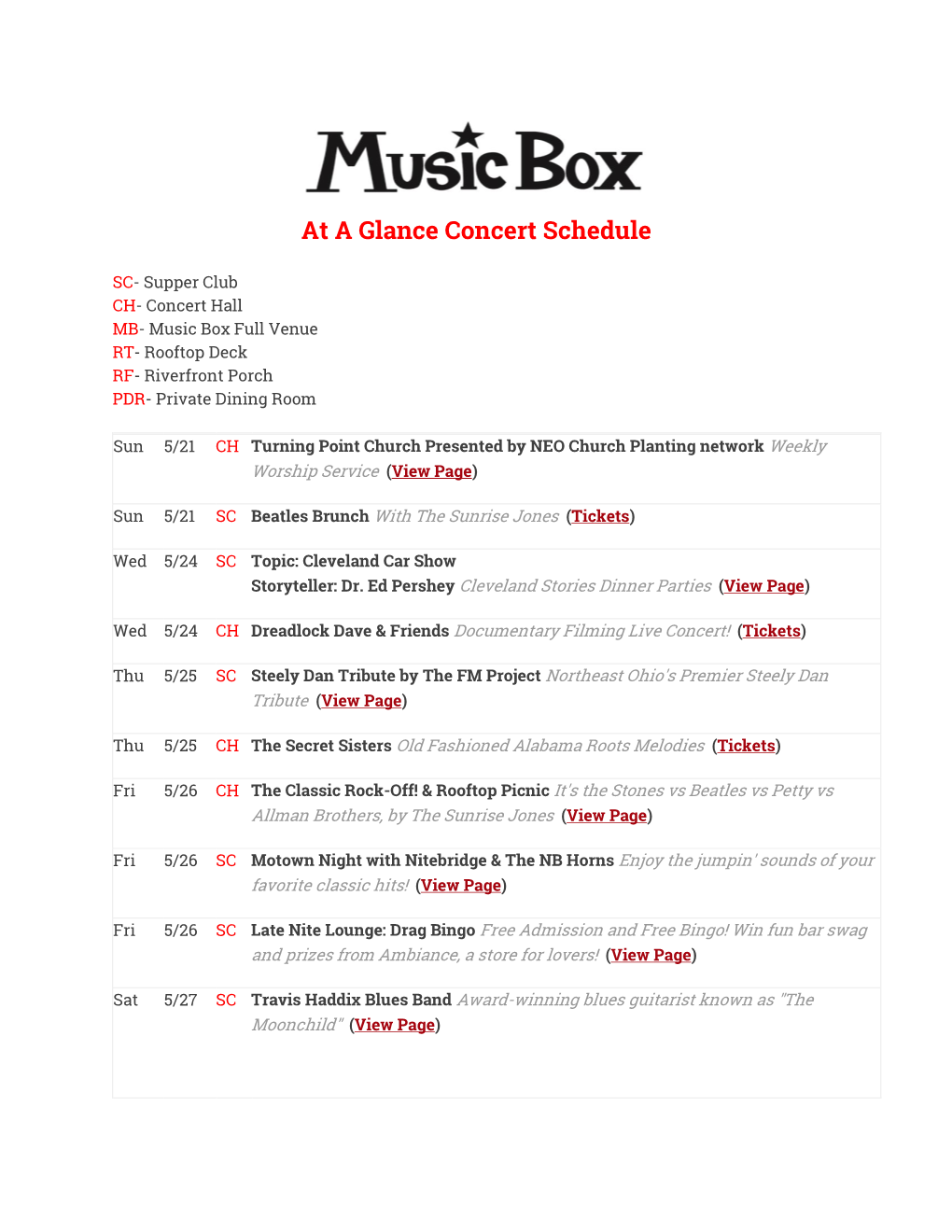 At a Glance Concert Schedule