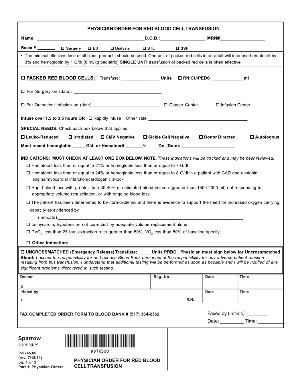 Physician Order for Red Blood Cell Transfusion