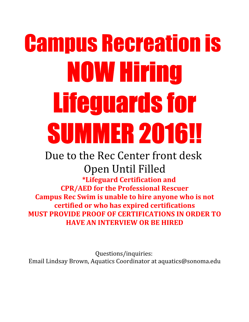 NOW Hiring Lifeguards for SUMMER 2016