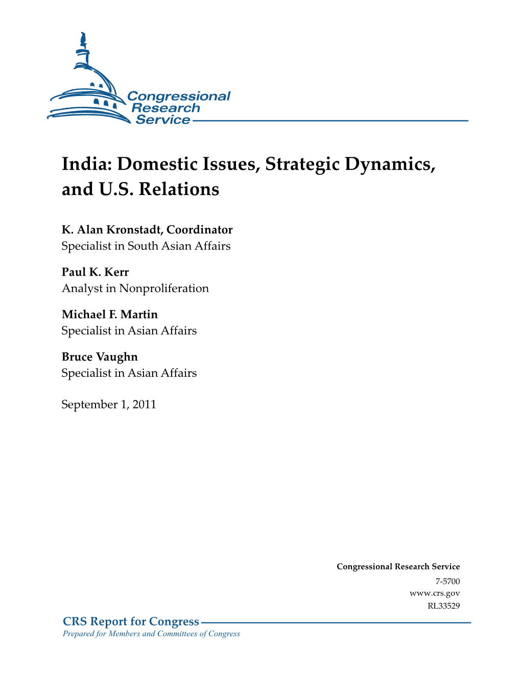 India: Domestic Issues, Strategic Dynamics, and U.S. Relations