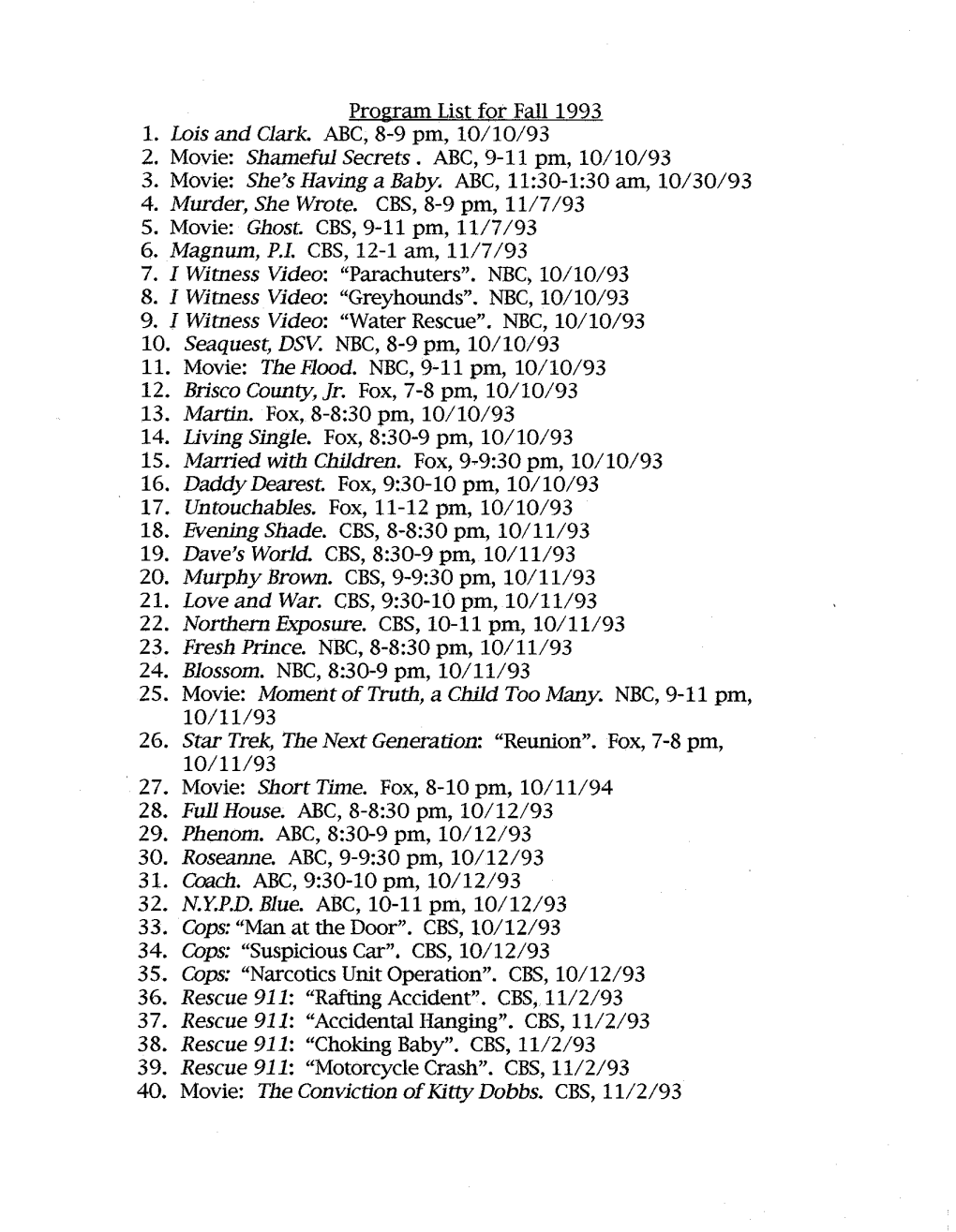 Program List for Fall 1993 1. Lois and Clark. ABC, 8-9 Pm, 10/10/93 2