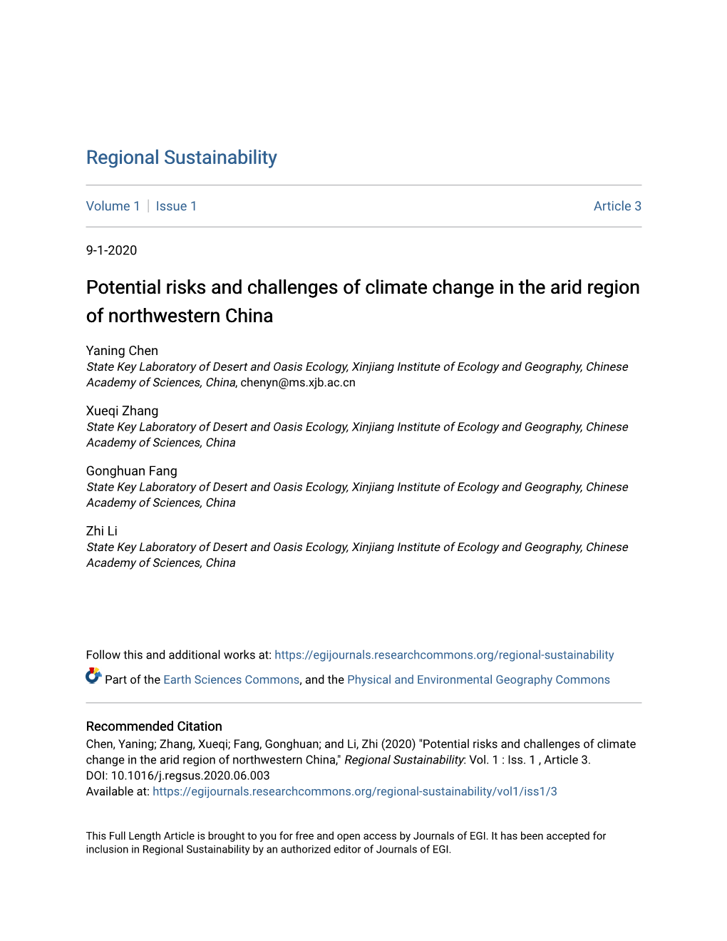 Potential Risks and Challenges of Climate Change in the Arid Region of Northwestern China