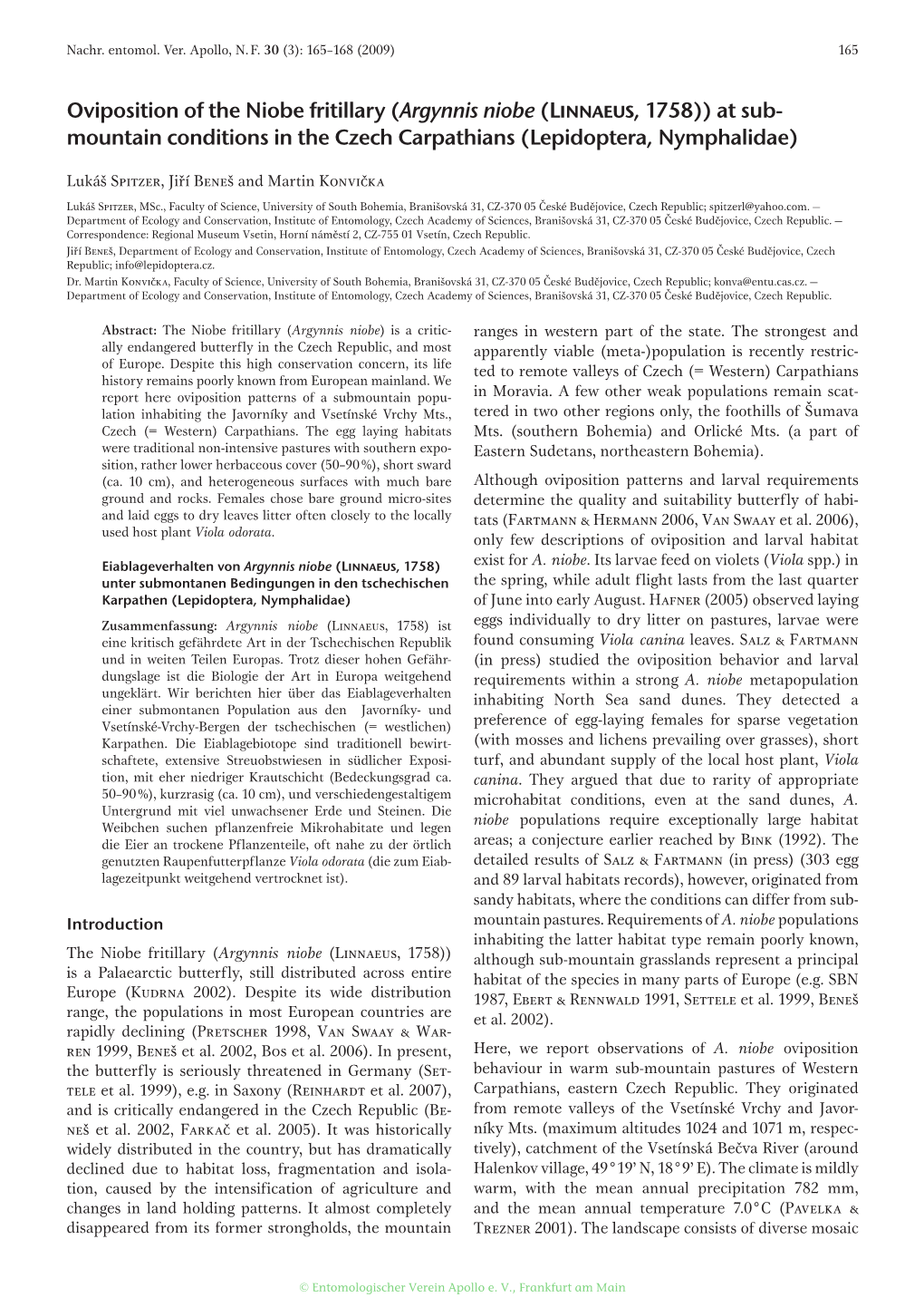 Oviposition of the Niobe Fritillary (Argynnis Niobe (Linnaeus, 1758)) at Sub- Mountain Conditions in the Czech Carpathians (Lepidoptera, Nymphalidae)