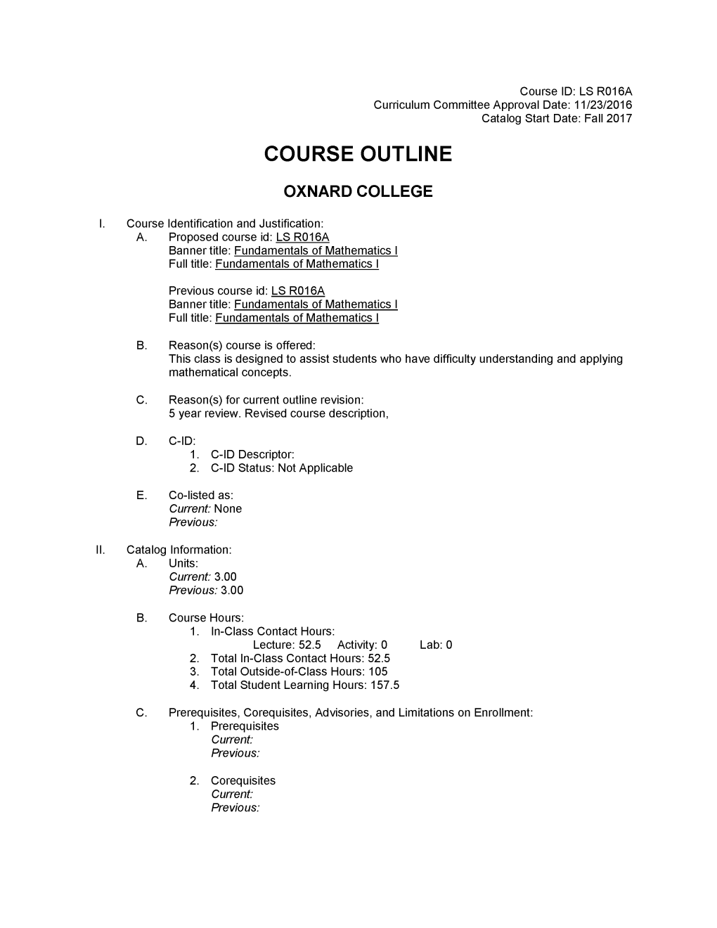 Oxnard Course Outline