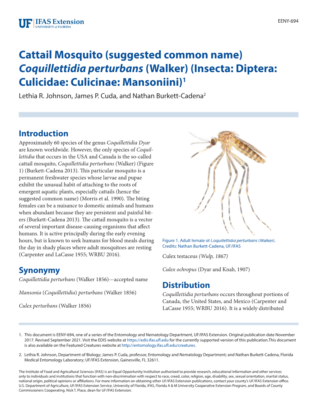 Coquillettidia Perturbans (Walker) (Insecta: Diptera: Culicidae: Culicinae: Mansoniini)1 Lethia R