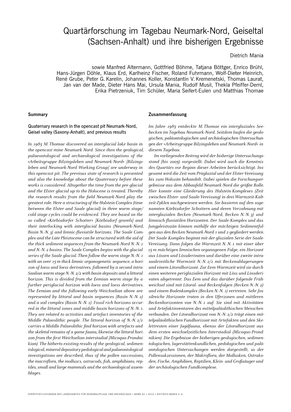 Quartärforschung Im Tagebau Neumark-Nord, Geiseltal (Sachsen-Anhalt) Und Ihre Bisherigen Ergebnisse