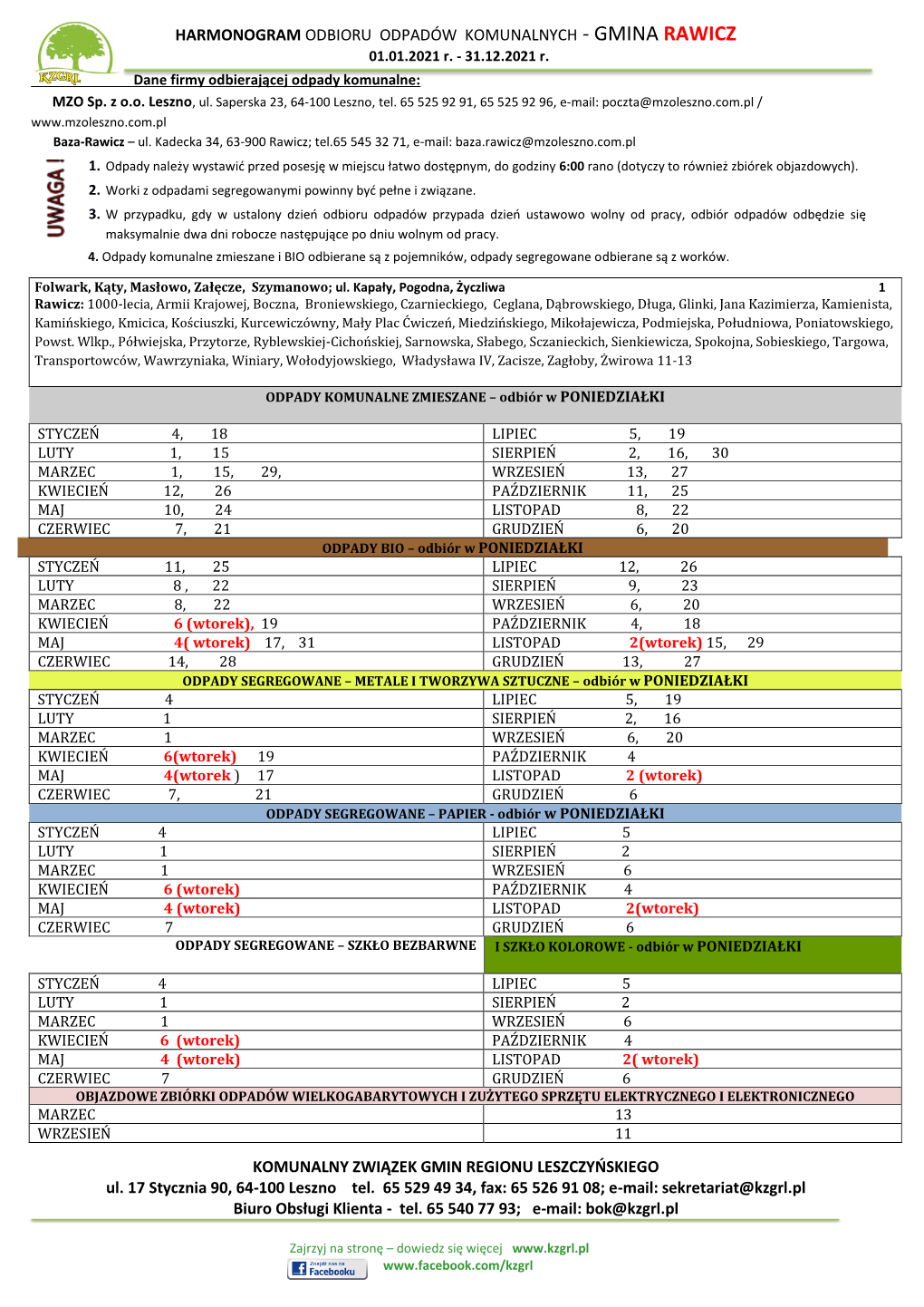 ODPADY KOMUNALNE ZMIESZANE – Odbiór Z Pojemnika W Poniedziałki