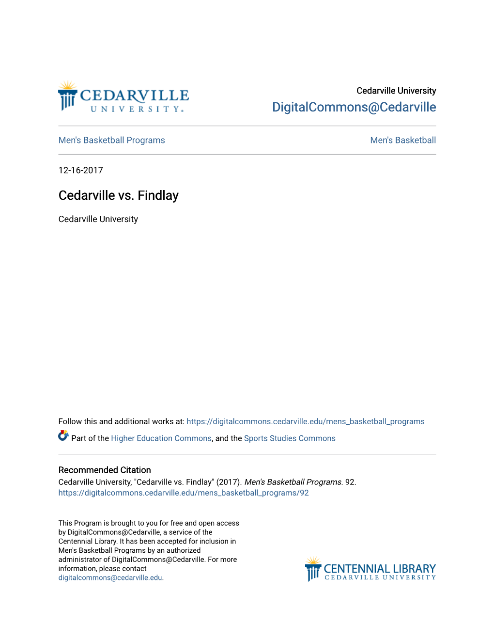 Cedarville Vs. Findlay