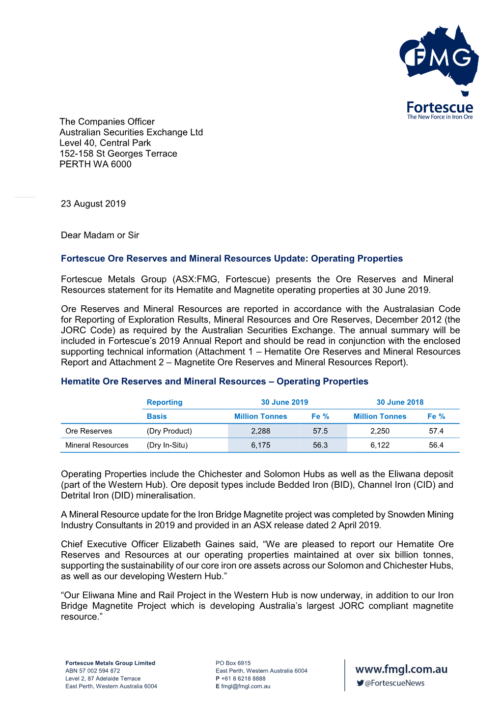 Fortescue Ore Reserves and Mineral Resources Update: Operating Properties