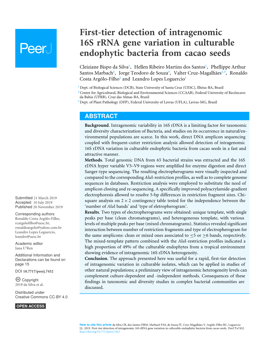 First-Tier Detection of Intragenomic 16S Rrna Gene Variation in Culturable Endophytic Bacteria from Cacao Seeds