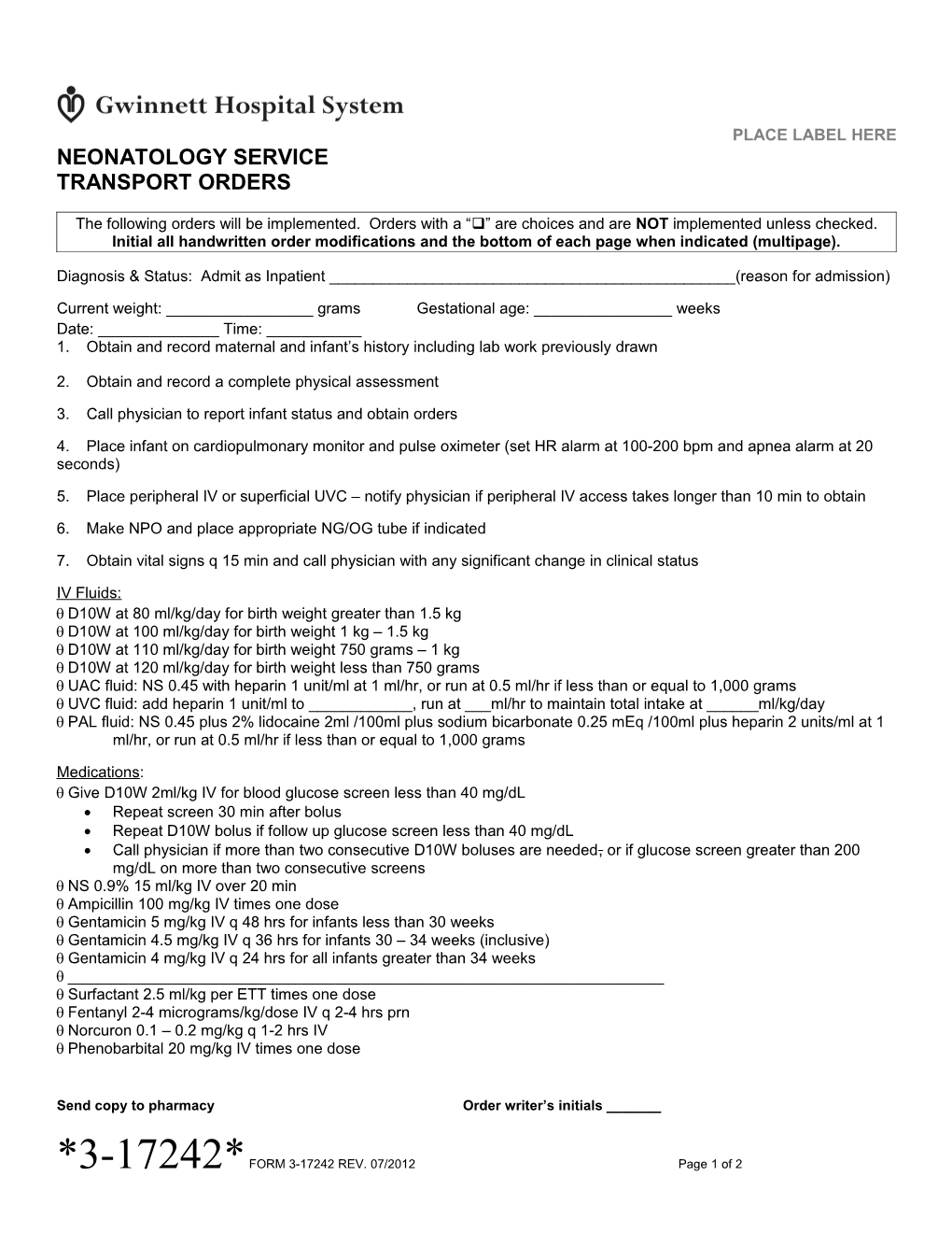 Neonatology Service Transport Orders