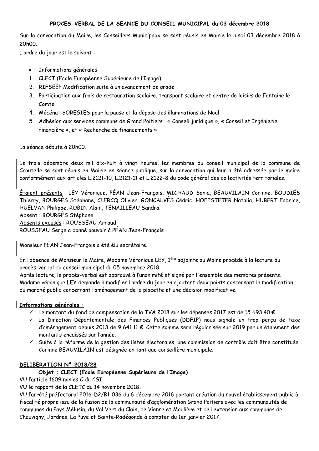 PROCES-VERBAL DE LA SEANCE DU CONSEIL MUNICIPAL Du 03 Décembre 2018