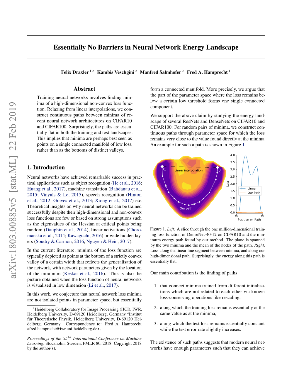 Essentially No Barriers in Neural Network Energy Landscape