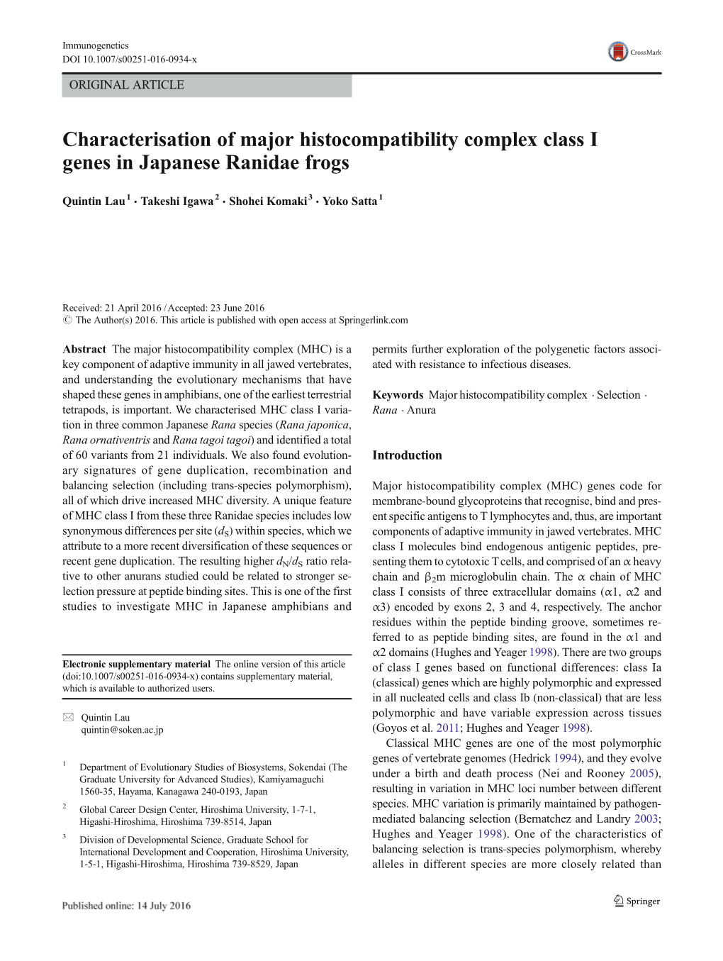 Characterisation of Major Histocompatibility Complex Class I Genes in Japanese Ranidae Frogs