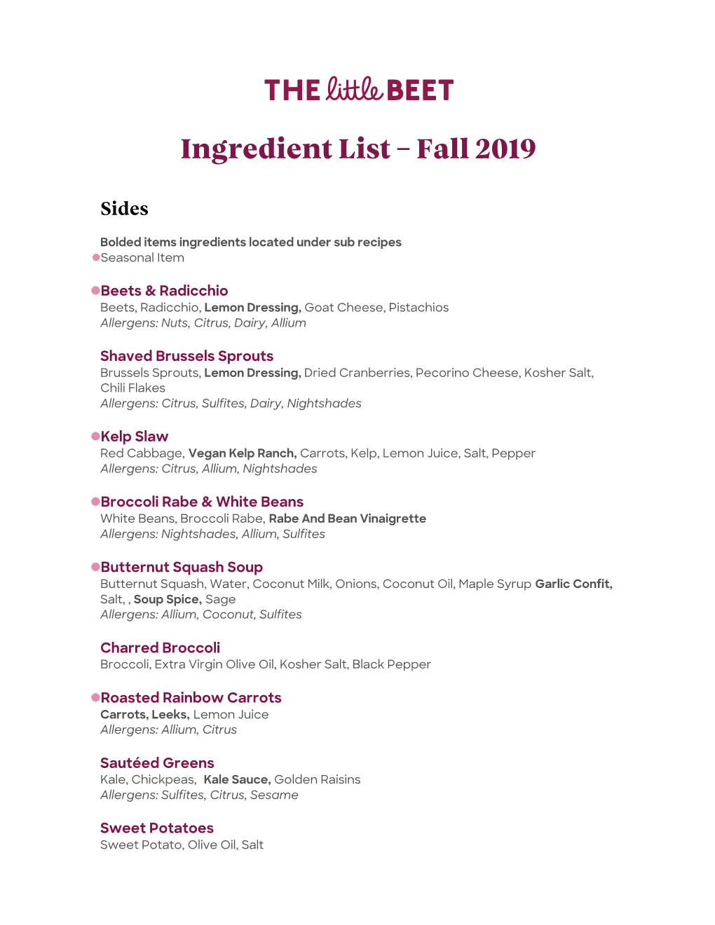 Ingredient List – Fall 2019