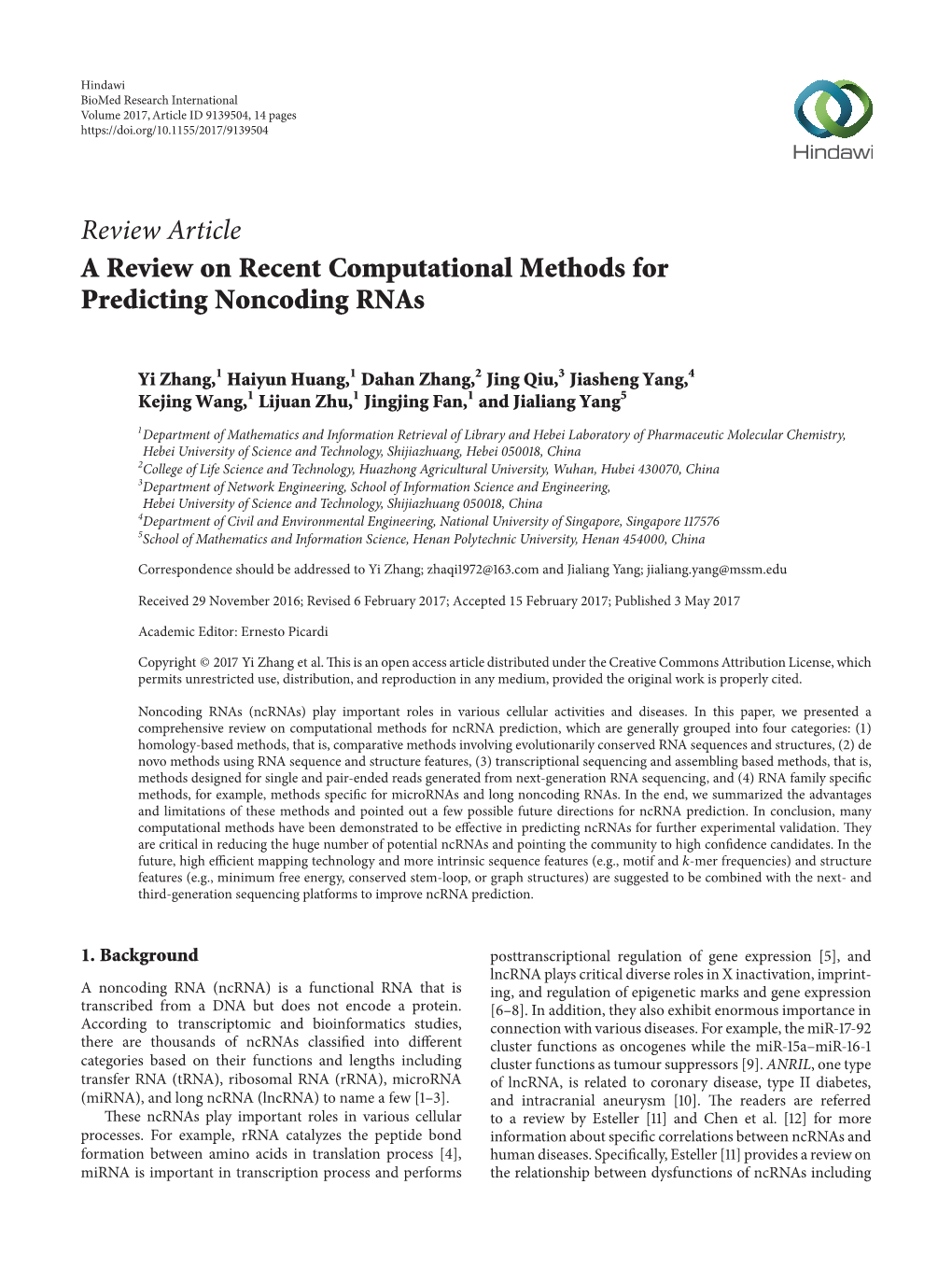 A Review on Recent Computational Methods for Predicting Noncoding Rnas