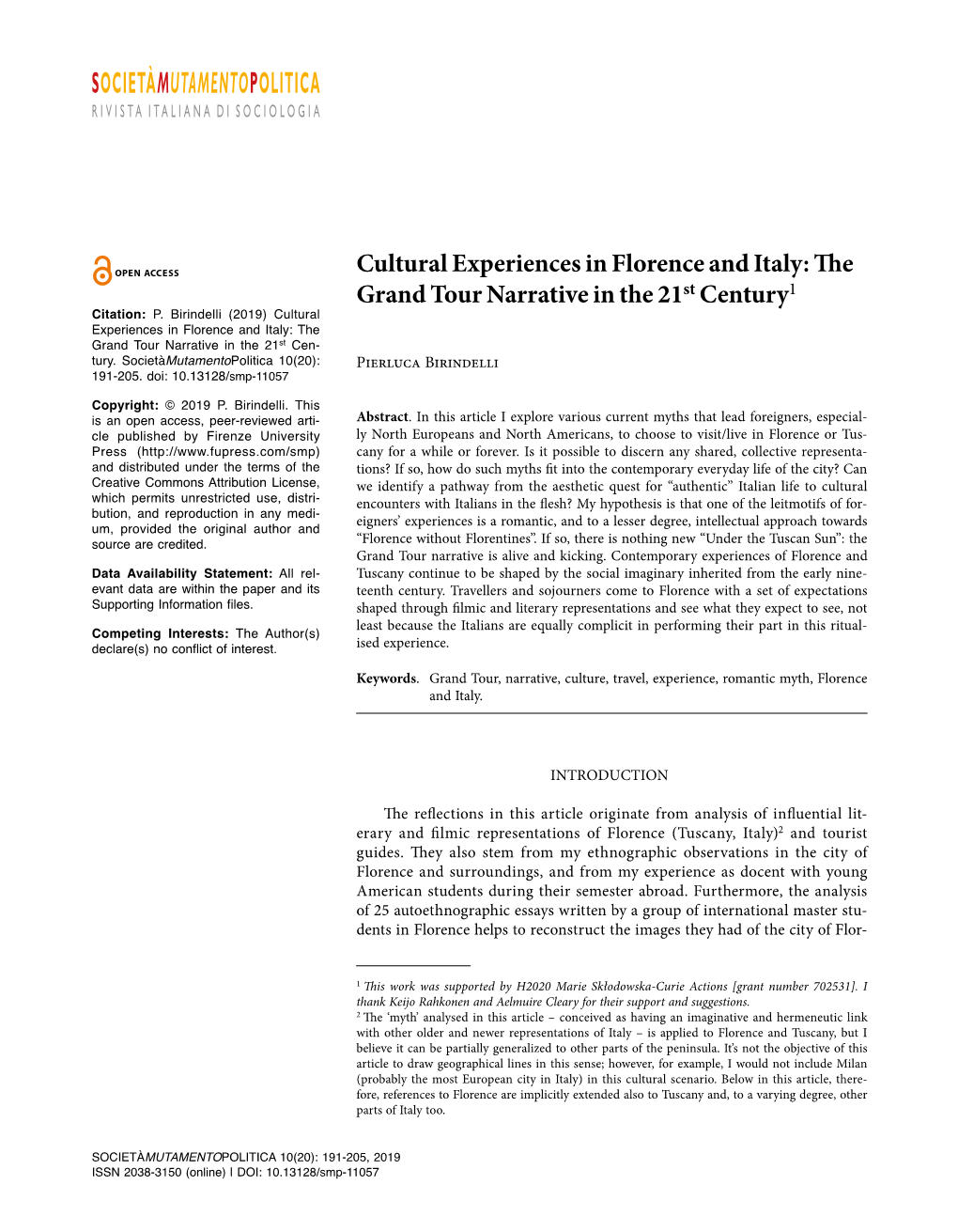 Cultural Experiences in Florence and Italy: the Grand Tour Narrative in the 21St Century1 Citation: P