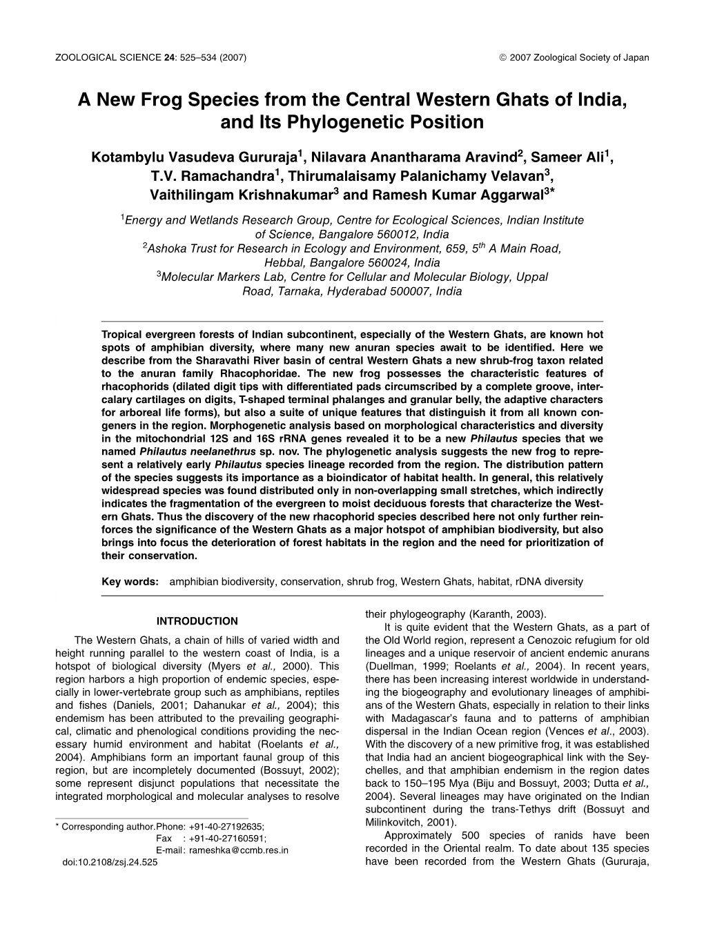 A New Frog Species from the Central Western Ghats of India, and Its Phylogenetic Position