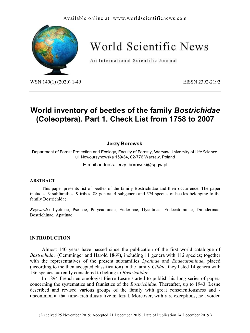 World Inventory of Beetles of the Family Bostrichidae (Coleoptera)