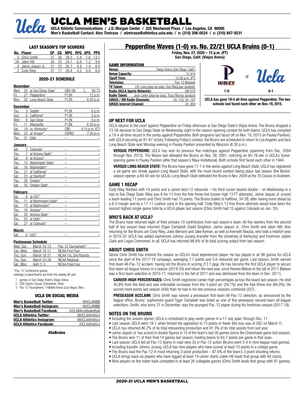 UCLA Men's Basketball Page 1/1 UCLA’S SEASON/Careerseason/Career Statistics STATS As of Nov 26, 2020 2020-21All Games ROSTER