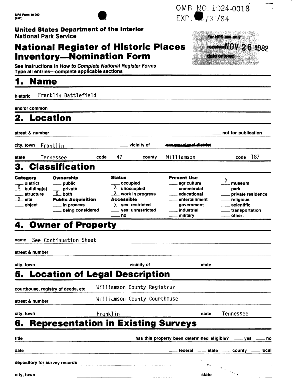 National Register of Historic Places Inventory Nomination Form 1. Name