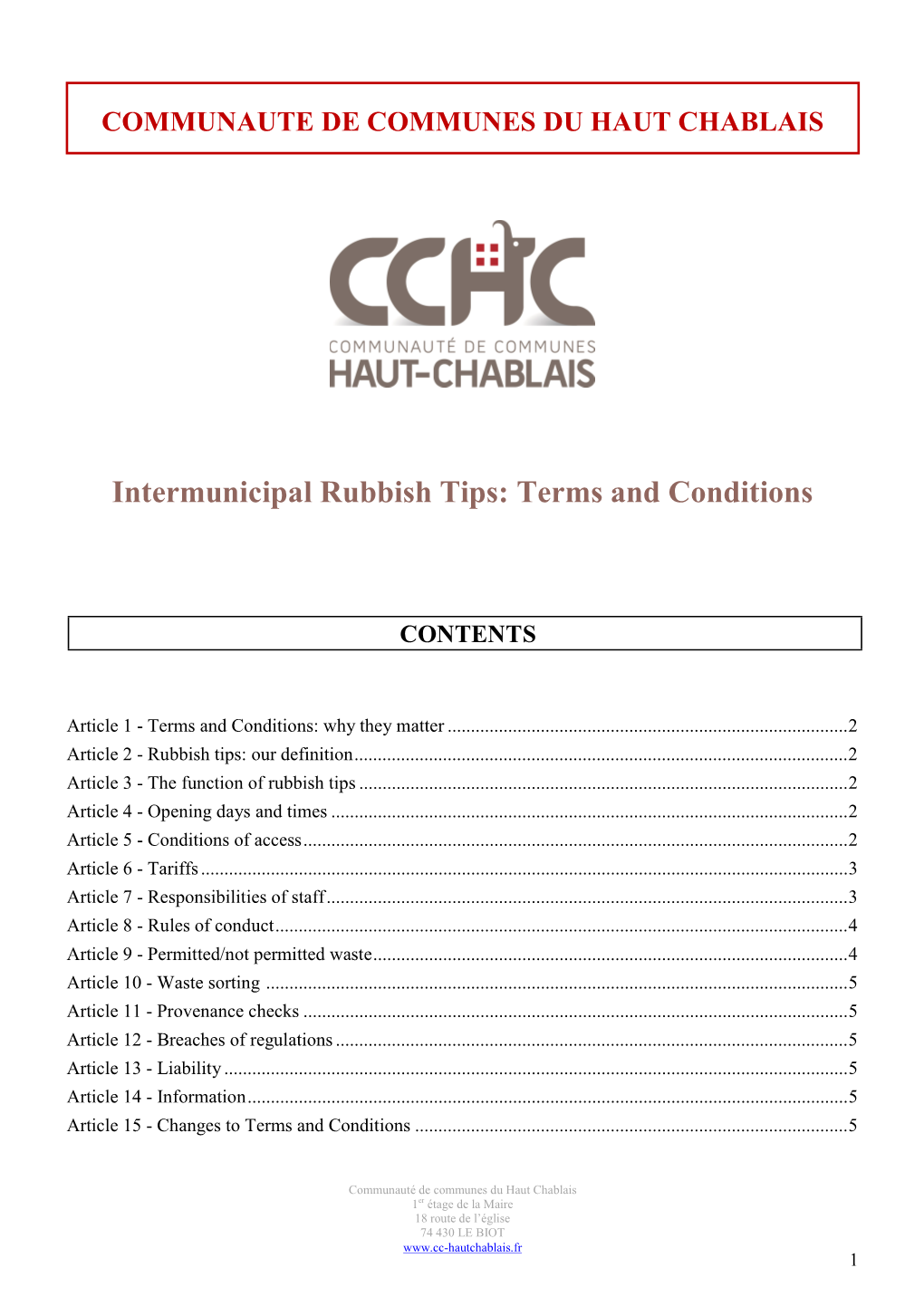 Intermunicipal Rubbish Tips: Terms and Conditions