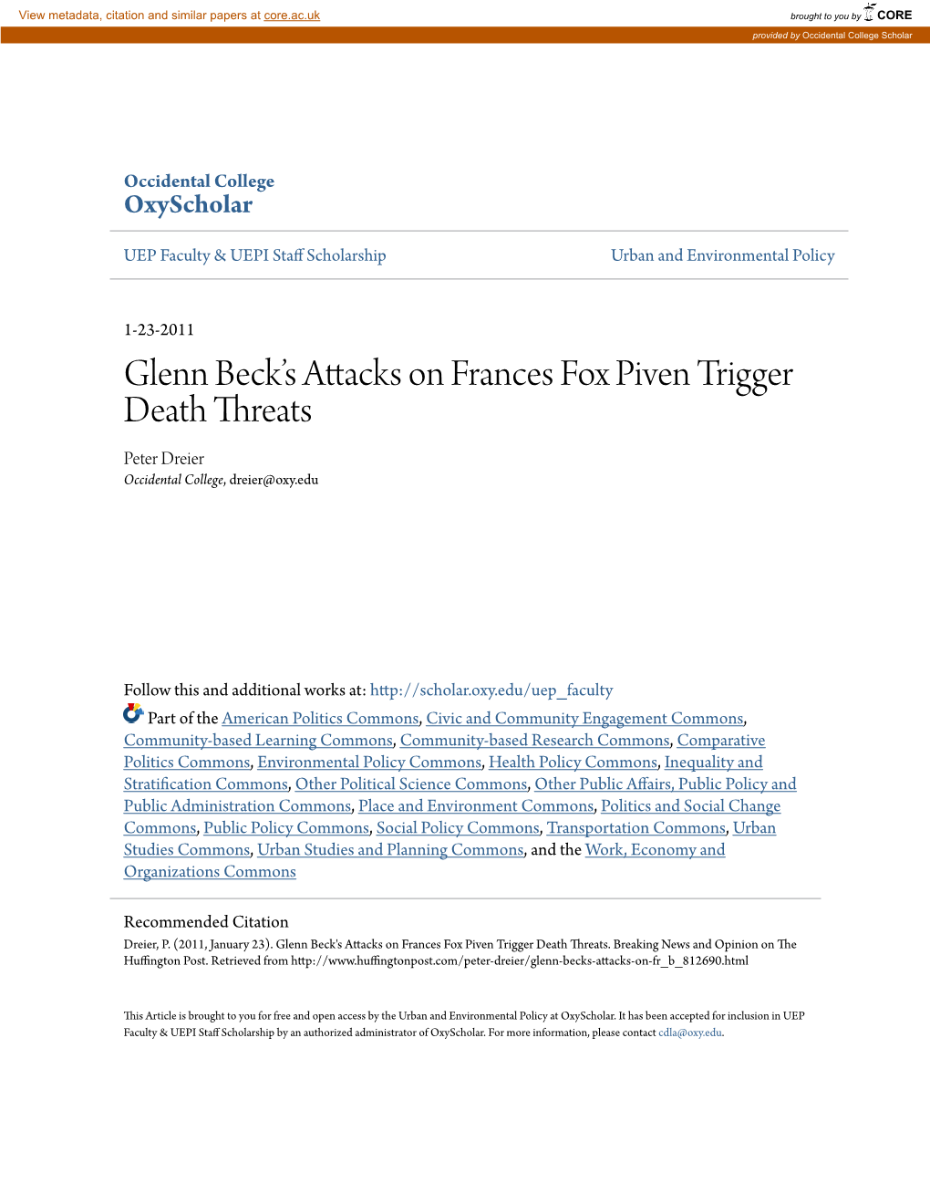 Glenn Beckâ•Žs Attacks on Frances Fox Piven Trigger Death Threats